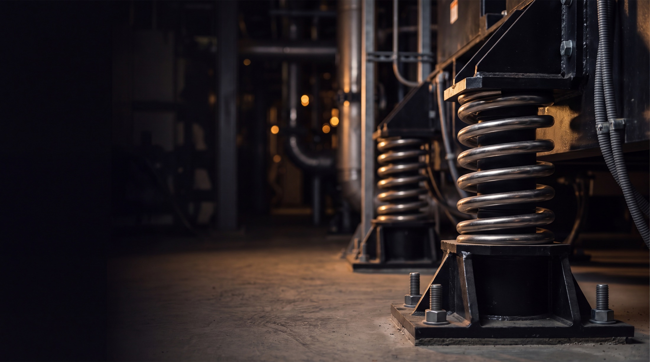Seismic-restrained spring isolators anchoring heavy industrial equipment in a facility