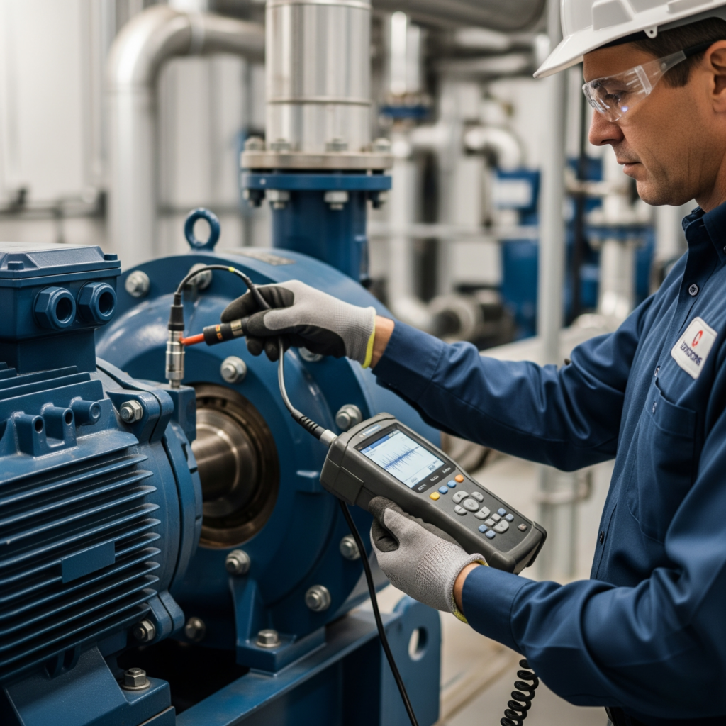 Engineer performing vibration analysis on an industrial motor