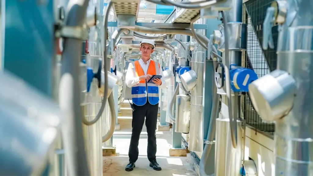 Project management consultant in New Jersey reviewing mechanical plans for a manufacturing facility