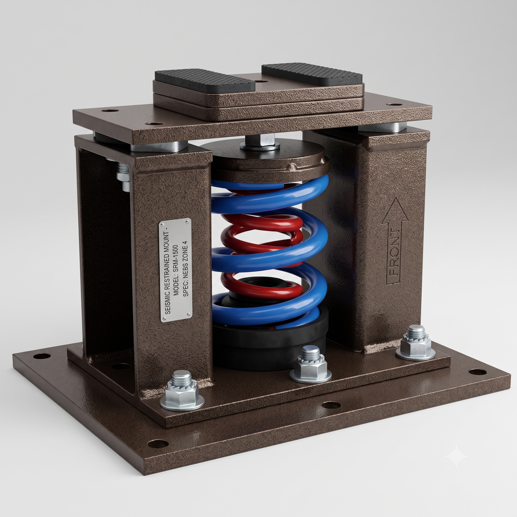 Seismic restrained spring mount showing the isolation spring, restraint housing, and steel base plate